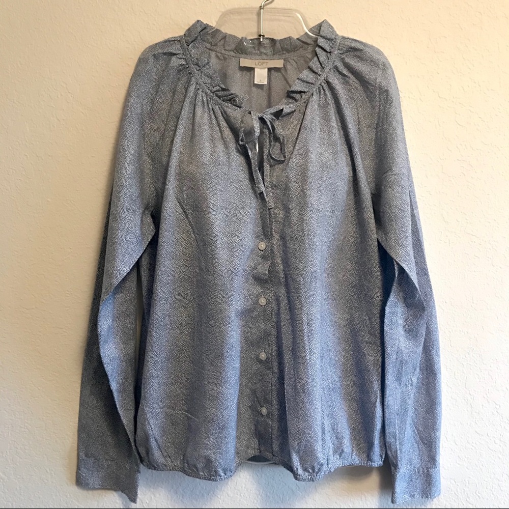 Loft Blue & White Tie Front Button Down Top